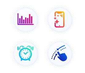 Alarm clock, Bar diagram and Smartphone clean icons simple set. Button with halftone dots. Swipe up sign. Time, Statistics infochart, Phone screen. Touch down. Business set. Vector
