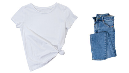 Empty white tshirt and blue denim on white background, black t-shirt mock up and blue jeans, blank t shirt