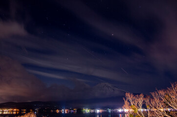 Mount Fuji with snowcap & starry night, from Lake Yamanaka, Japan