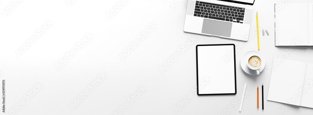 Poster Top view of wide work table with blank screen tablet and note book with coffee cup and stationery for design banner