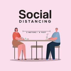 Social distancing between boy and girl cartoon at table design of Covid 19 virus theme Vector illustration