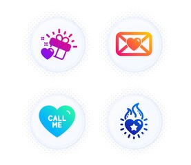Valentine, Call me and Love gift icons simple set. Button with halftone dots. Heart flame sign. Love letter, Heart. Love set. Gradient flat valentine icon. Vector