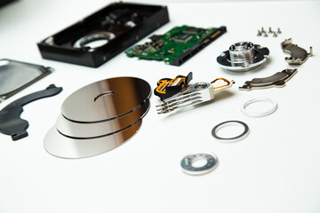 Disassembled hard drive from computer, HDD Components