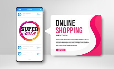 Phone banner template. Super sale badge. Discount banner shape. Coupon bubble icon. Social media banner with smartphone screen. Online shopping web template. Super sale promotion badge. Vector