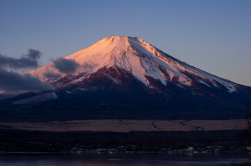 Red Mt Fuji during sunrise from Lake Yamanaka, Japan