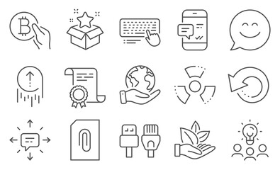 Set of Technology icons, such as Organic product, Computer keyboard. Diploma, ideas, save planet. Computer cables, Sms, Smartphone notification. Chemical hazard, Loyalty program, Bitcoin pay. Vector