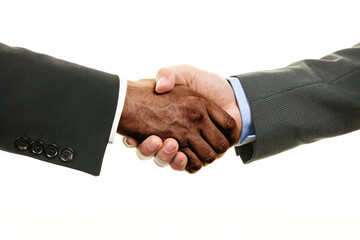 Interracial handshake on white background isolated