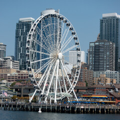 Seattle's Great Wheel on the waterfront skyline in Washington State.