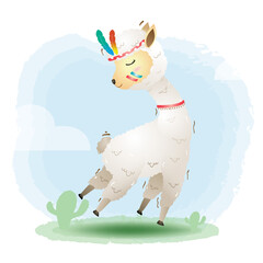 a cute alpaca in a headdress with feathers. Cartoon apache alpaca. Vector illustration