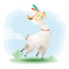 a cute alpaca in a headdress with feathers. Cartoon apache alpaca. Vector illustration