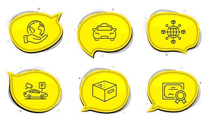 Logistics network sign. Diploma certificate, save planet chat bubbles. Parking security, Taxi and Office box line icons set. Video camera, Passengers transport, Delivery box. Vector