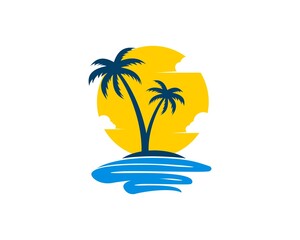 Palm tree in the beach with sunrise behind