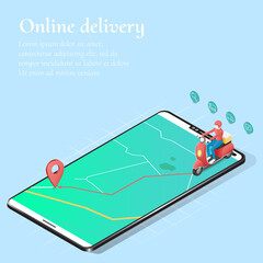 Online delivery service concept, delivery package by scooter on mobile phone.