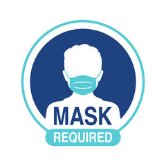 Mask required warning prevention sign - human face silhouette with protective mask in circular frame - isolated vector information signboard