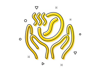 Hold roasted bean sign. Coffee icon. Love caffeine symbol. Yellow circles pattern. Classic coffee icon. Geometric elements. Vector