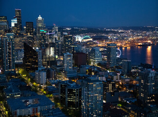 City Lights and Downtown Seattle skyline cityscape as seen at night from the Space Needle.  