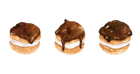 Profiteroles with chocolate and custard isolated on white background. Watercolor hand-drawn illustration. 
Perfect for your project, cards, prints, covers, menu, patterns.
