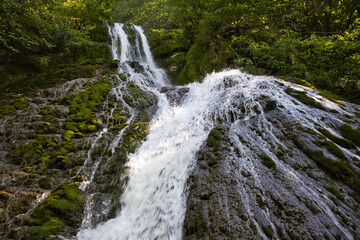 The lower part of a big cascade waterfall Toba at Samegrelo Zemo Svaneti, Georgia.