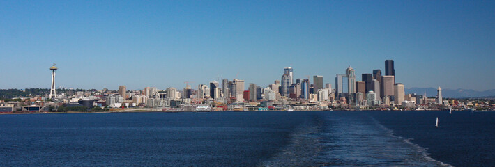 Wide panorama of the skyline of Seattle, Washington as seen from the Bainbridge Island Ferry