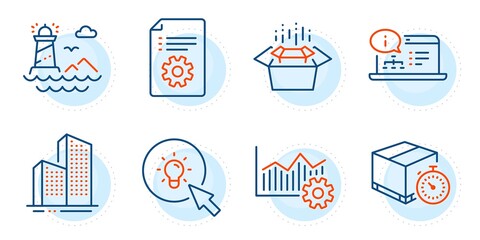 Technical documentation, Energy and Delivery timer signs. Operational excellence, Online documentation and Lighthouse line icons set. Packing boxes, Skyscraper buildings symbols. Vector
