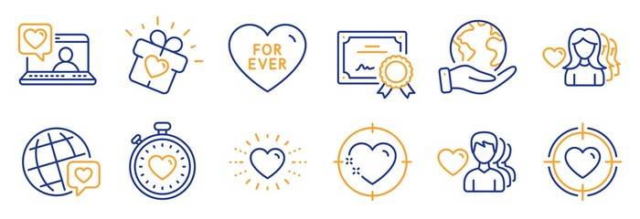 Fototapeta premium Set of Love icons, such as Love gift, Heart. Certificate, save planet. Valentine target, Heart target, World brand. Heartbeat timer, Woman love, Friends chat. For ever line icons. Vector