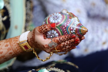 Indian bride golden jewellery set in wedding celebration