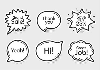 Comic chat bubbles. Grand sale, 25% discount and great job. Thank you, hi and yeah phrases. Sale shopping text. Chat messages with phrases. Drawing texting thought speech bubbles. Vector