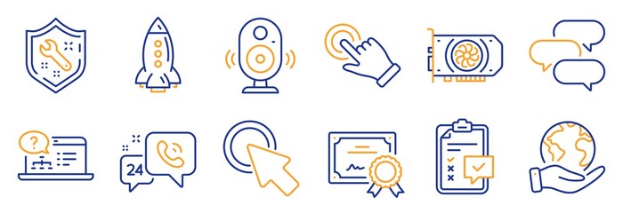 Set of Technology icons, such as Gpu, 24h service. Certificate, save planet. Spanner, Speaker, Rocket. Checklist, Online help, Touchscreen gesture. Talk bubble, Click here line icons. Vector