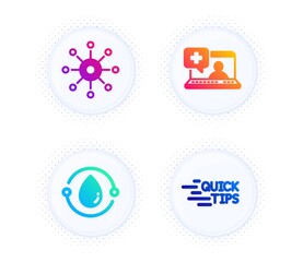 Medical help, Cold-pressed oil and Multichannel icons simple set. Button with halftone dots. Education sign. Medicine laptop, Organic tested, Multitasking. Quick tips. Science set. Vector