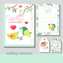 Wedding cards with cute birds. Vector graphics. Stock illustration.