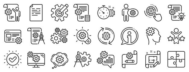 Fototapeta na wymiar Set of Idea bulb, Dividers tools and Blueprint linear icons. Engineering line icons. Cogwheel, calculate price, mechanical tools. Idea bulb with cog, architect dividers, engineering people. Vector