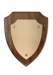 Shield shape blank plaque with wood and metal on white background