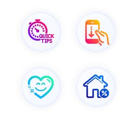 Quick tips, Smile chat and Scroll down icons simple set. Button with halftone dots. Loan house sign. Helpful tricks, Heart face, Swipe phone. Discount percent. Technology set. Vector