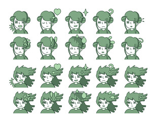 緑色の人物イラスト　表情バリエーション 30