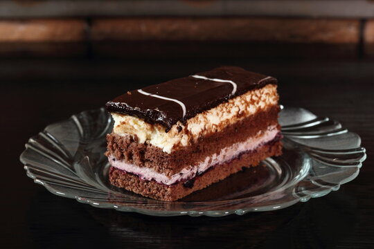 Layer Cake With Fruit And Cream Fillings Decorated Chocolate Icing