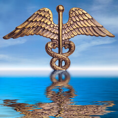 photo-illustration of a caduceus medical symbol in the sea 