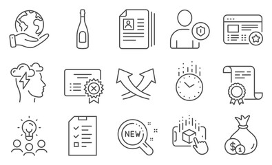 Set of Business icons, such as Security, Cv documents. Diploma, ideas, save planet. Mindfulness stress, Favorite, Time. Intersection arrows, Augmented reality, Cash. Vector