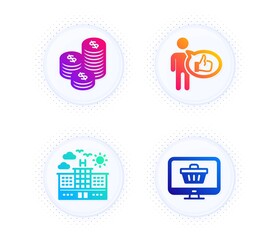 Coins, Hotel and Like icons simple set. Button with halftone dots. Web shop sign. Cash money, Travel, Thumbs up. Shopping cart. Business set. Gradient flat coins icon. Vector