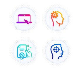 Certificate, Portable computer and Engineering icons simple set. Button with halftone dots. Recruitment sign. Certified guarantee, Notebook device, Cogwheel head. Headhunter aim. Business set. Vector