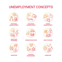 Unemployment type red gradient concept icons set. Potential homelessness. Lower gross domestic production. Economic issue idea thin line RGB color illustrations. Vector isolated outline drawings
