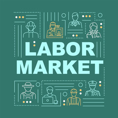 Labor market word concepts banner. Different specialties, professional occupations infographics with linear icons on green background. Isolated typography. Vector outline RGB color illustration