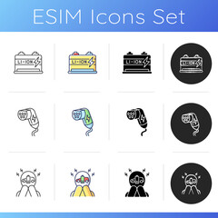 Electric vehicle icons set. Linear, black and RGB color styles. Modern eco clean transportation. Lithium ion battery, charging plug and EV range anxiety. Isolated vector illustrations