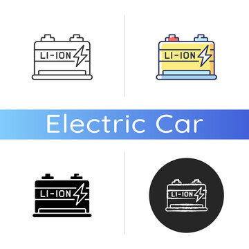 Lithium Ion Battery Icon. Linear Black And RGB Color Styles. Modern Electric Equipment. Electric Vehicle Motor. Contemporary Energy Efficient Accumulator Isolated Vector Illustrations