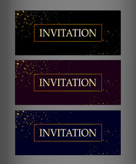 Invitation card in three colors with gold design. Gold spray, golden frame.