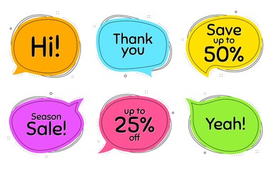 Season sale, 25% discount and save 50%. Thought chat bubbles. Thank you, hi and yeah phrases. Sale shopping text. Chat messages with phrases. Colorful texting thought bubbles. Vector