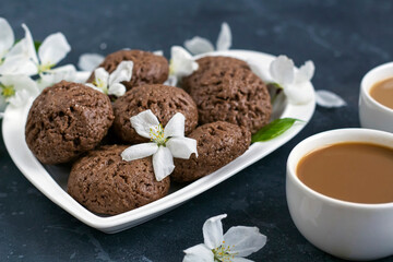 Spring composition with apple tree flowers and homemade chocolate cookies. Dessert for served for coffee break on a heart shaped plate. Snack on a spring day in the garden
