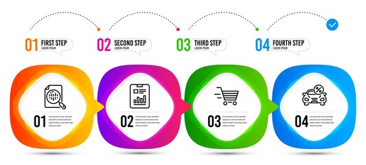 Analytics chart, Car leasing and Report document line icons set. Timeline steps. Delivery shopping sign. Report analysis, Transport discount, Page with charts. Online buying. Finance set. Vector