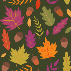 Fototapeta premium Autumn vector seamless pattern on a green background. Autumn mood. For textile design, wrapping paper.