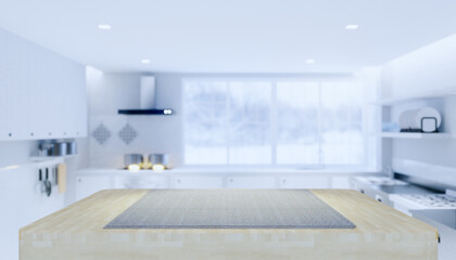 kitchen interior background with counter or table. Decoration top surface by wood texture and tablecloth. Include blur window, cooker hood and empty space for mockup or product display. 3d render.