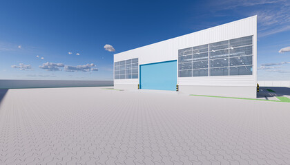 Warehouse or industry building exterior. Use as distribution center for loading, storage, warehousing, shipping and freight forwarding of cargo. Outdoor floor paving with brick stone. 3d render.